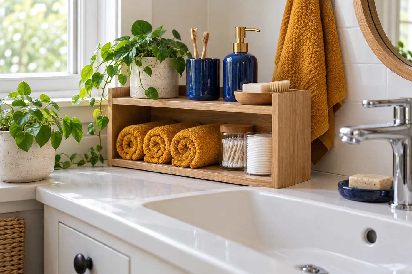Small white bathroom countertop with shallow oak storage shelf, neatly rolled ochre towels, cobalt ceramic cup and soap pump, everyday toiletries without labels. Window daylight close-up, realistic textures.