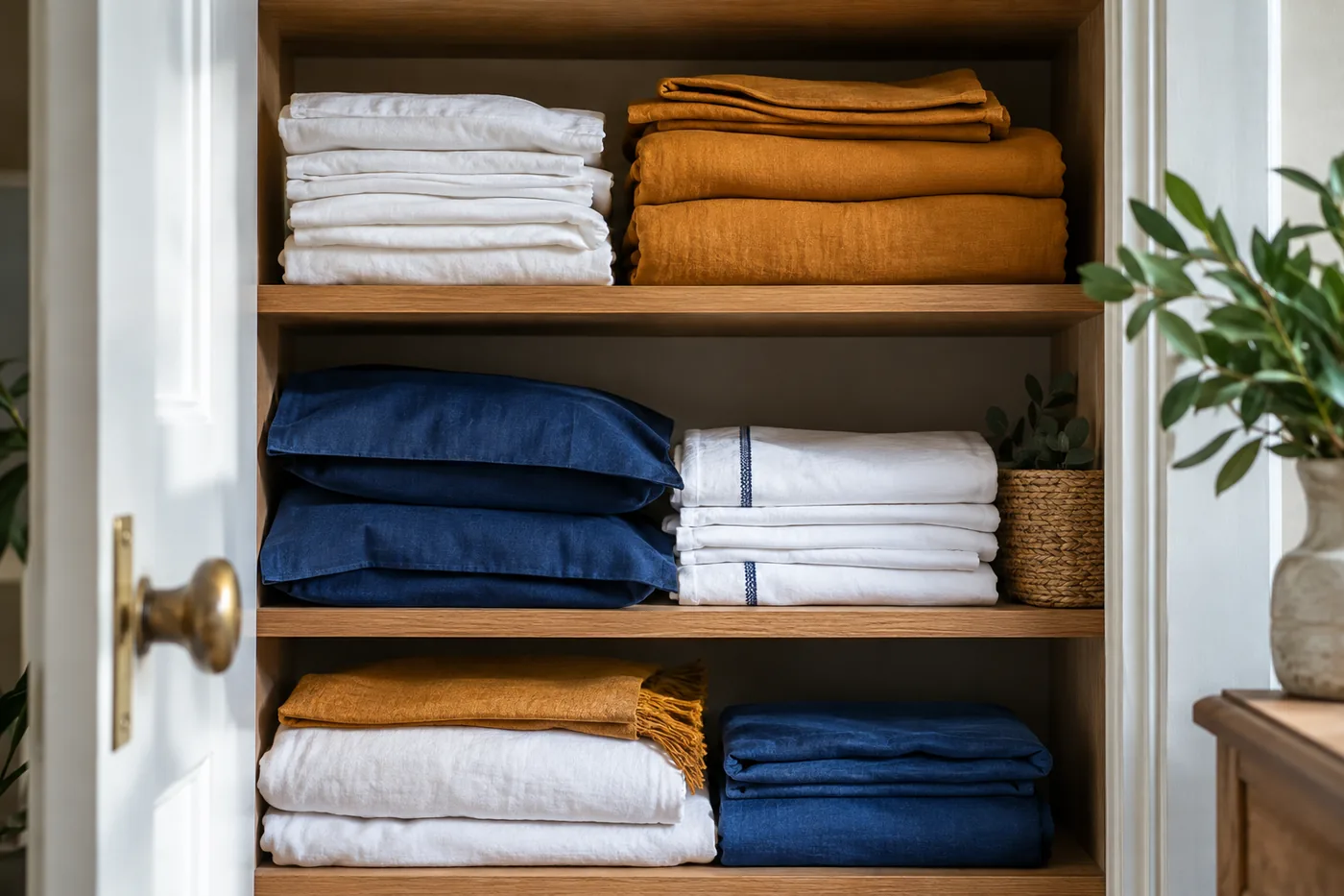 Open narrow linen cupboard with neatly folded white and ochre bed sheets, cobalt cotton pillowcases, visible natural fabric texture on oak shelves. Close frontal editorial detail, soft daylight.