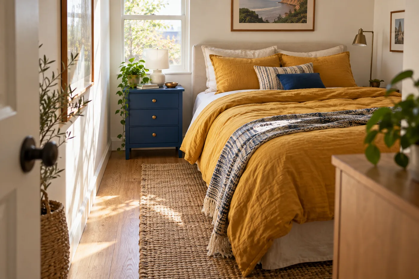 Compact inviting bedroom with ochre linen bedding, cobalt bedside cabinet, narrow clear walkway and white walls, natural oak floor. View from doorway, gentle morning sunlight.