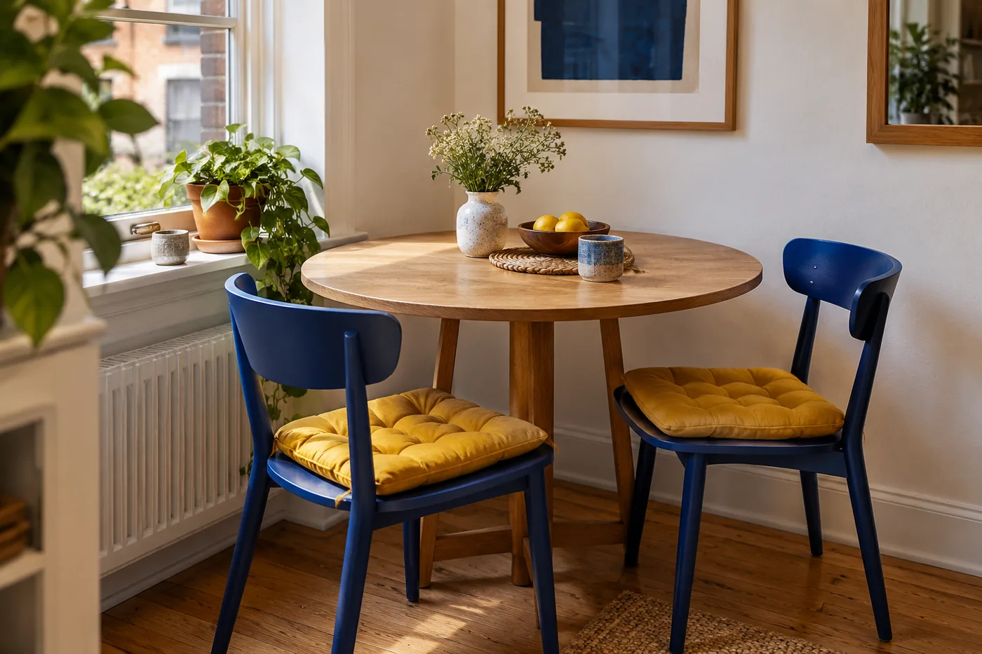 Small round oak dining table tucked into apartment corner with two cobalt chairs, ochre seat cushion, tiny vase, white walls and window. Intimate oblique editorial photograph.