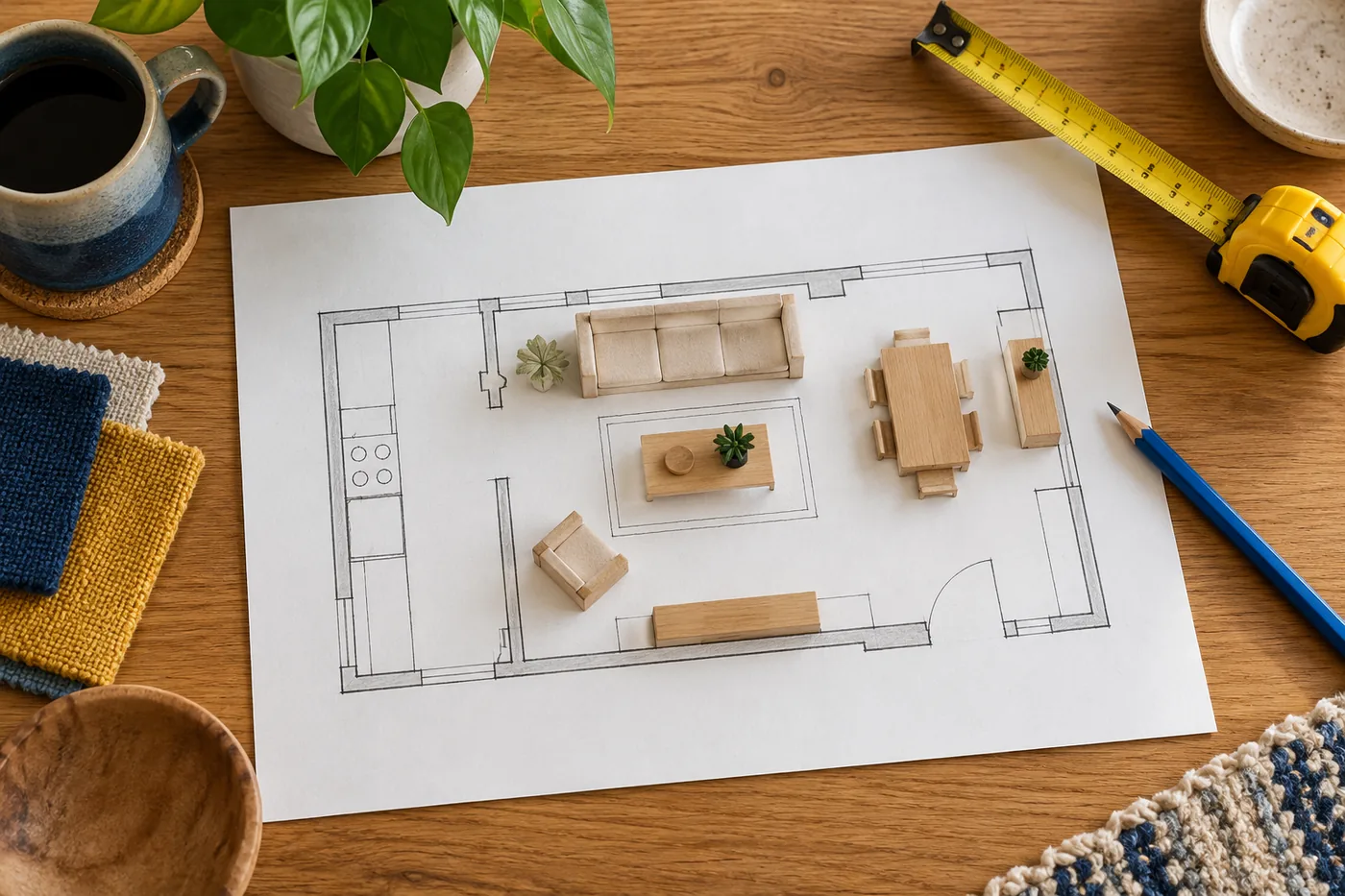 Overhead view of a simple hand-drawn room outline on blank unlabelled paper, small wooden furniture model blocks, blue pencil and ochre tape measure on natural oak table, practical home layout planning.