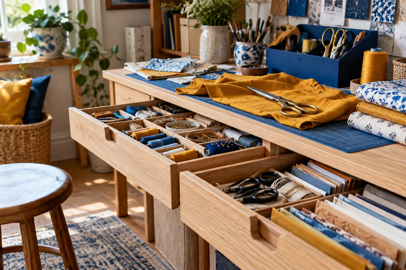 Compact craft nook with shallow open wooden drawers holding thread scissors fabric and paper, cobalt organizer and ochre fabric scraps. Close oblique view, realistic active creative household.