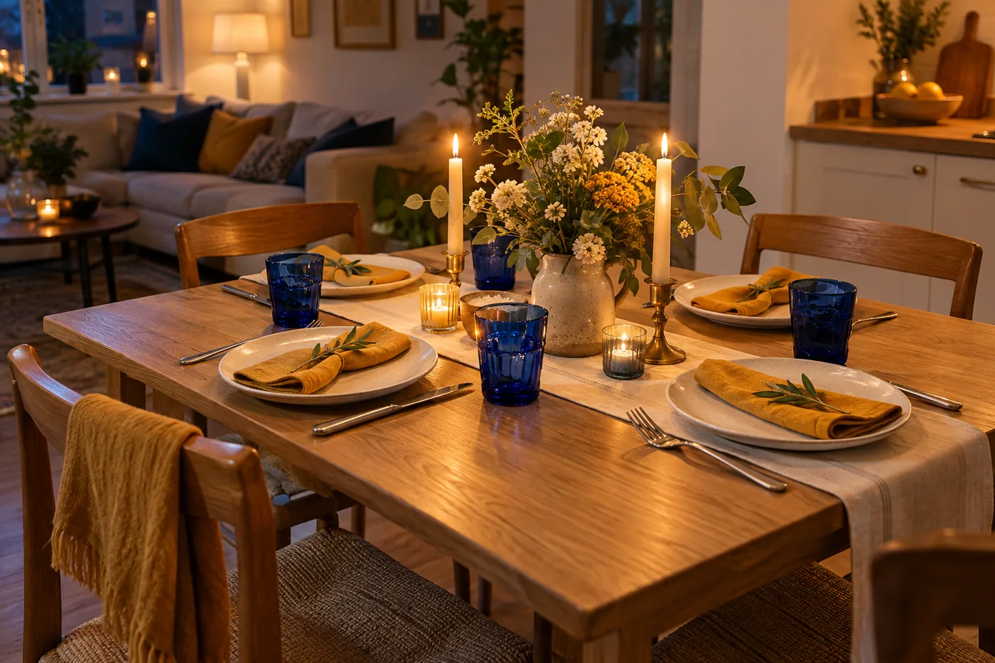 Cozy small apartment dining table ready for four visitors, simple white plates, cobalt tumblers, ochre linen napkins, modest flower arrangement and candles, oak table. Warm evening diagonal photograph, welcoming restrained styling.