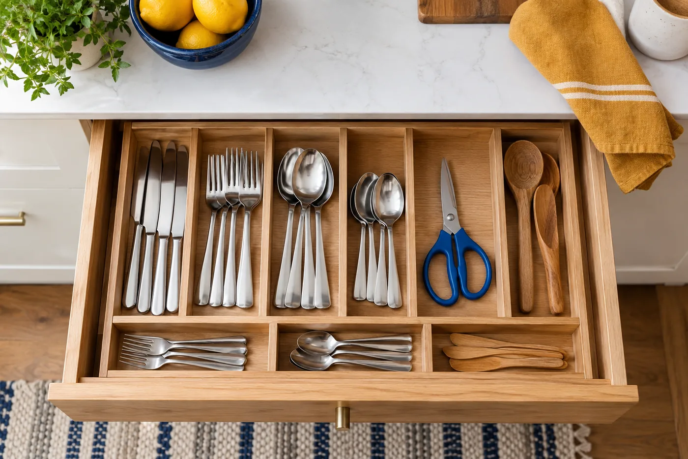 Directly overhead photograph of open oak kitchen cutlery drawer with practical wooden dividers, neatly sorted stainless cutlery, cobalt kitchen scissors and ochre cotton towel on white countertop. Realistic everyday setup.