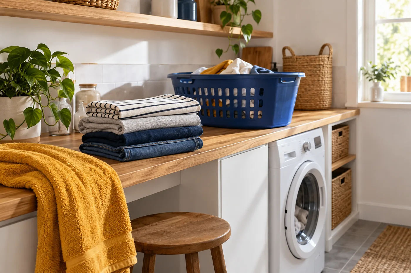 Small practical laundry folding nook with wooden counter, neatly folded clothing, one cobalt laundry basket and ochre towel, compact white washing machine. Side angle in natural daylight.