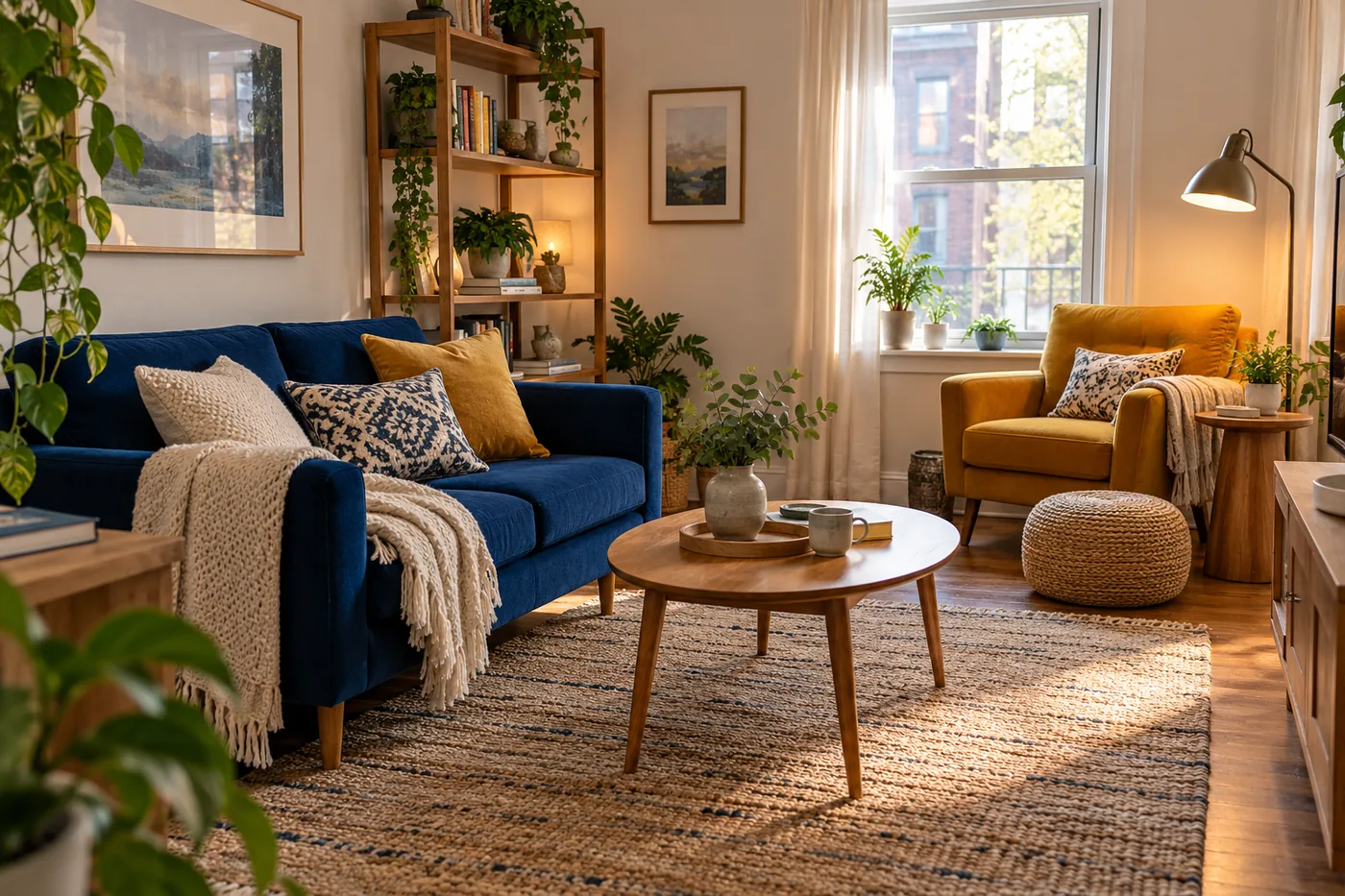 Small apartment lounge thoughtfully arranged with a cobalt loveseat and separate reading corner with ochre armchair, oak side table and floor lamp. Wide diagonal eye-level composition, soft afternoon light.