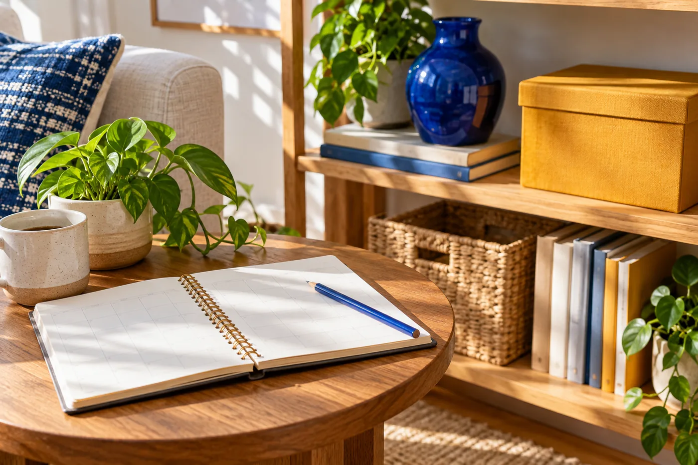 Open blank grid calendar notebook and blue pencil on oak side table beside tidy sunny home shelf with cobalt ceramic vase, ochre storage box and a few unlettered books. Sunlit close foreground with shelf background.