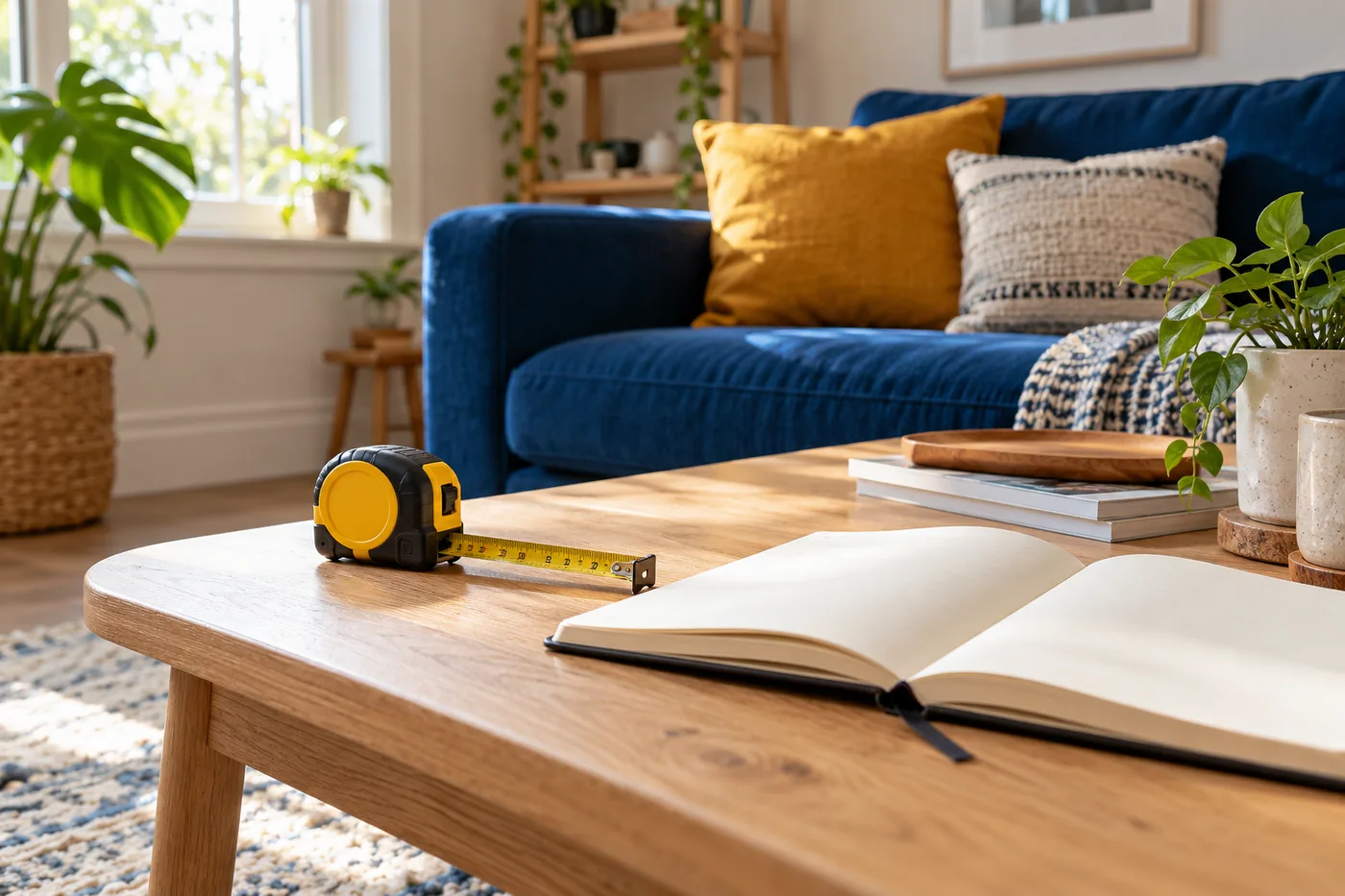 A tape measure and open blank notebook on a light oak coffee table in foreground, a compact living room with cobalt sofa and ochre cushion beyond. Low close editorial angle, bright morning window light.