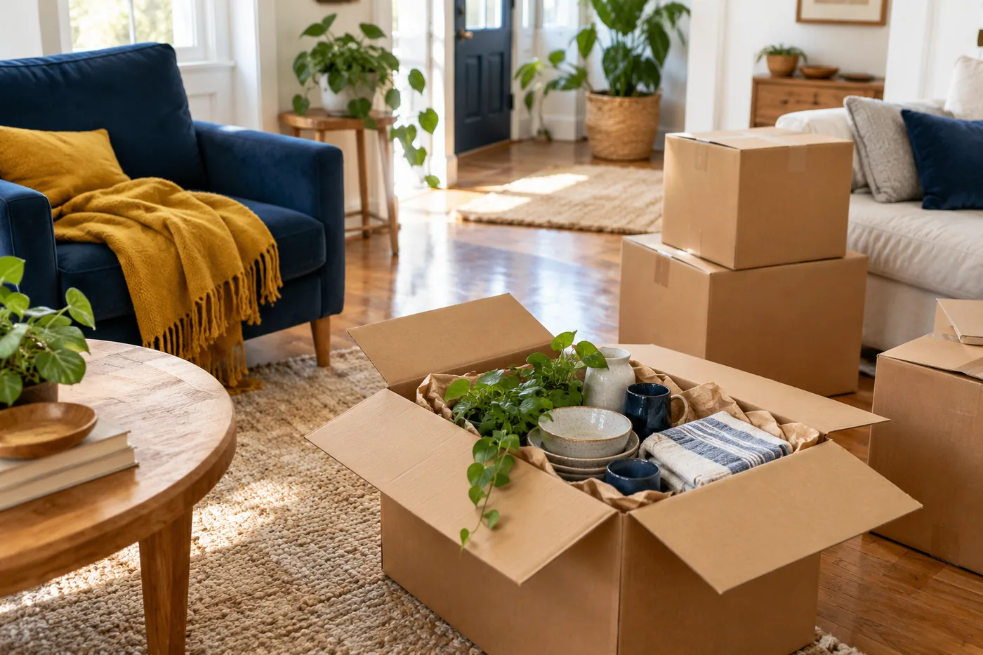 A few plain cardboard moving boxes in small bright living room, one open box of neatly packed household items, cobalt chair and ochre throw, oak floor. Wide candid moving-day photograph, no writing on boxes.