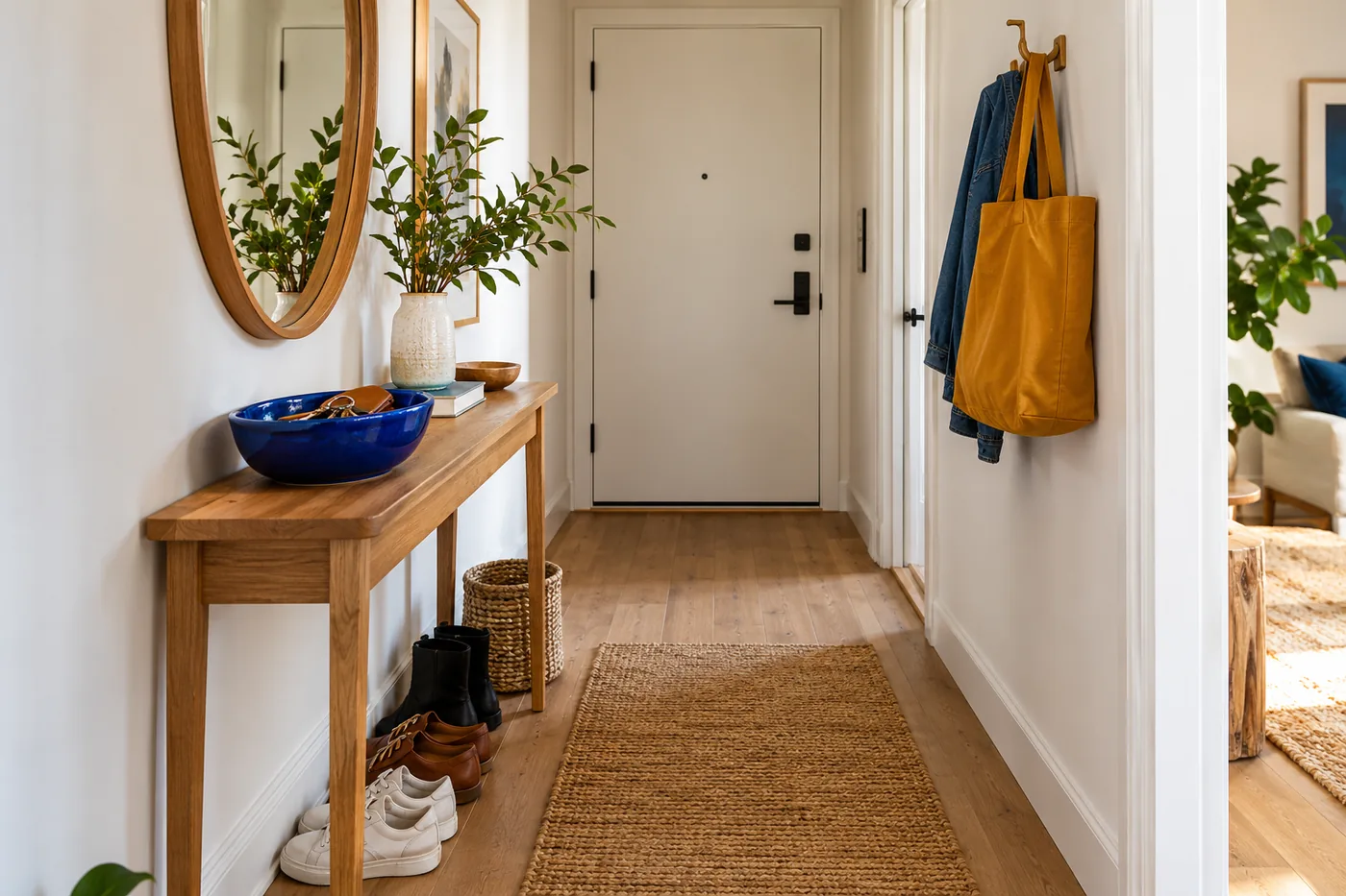 A narrow apartment entryway with very slim oak console, cobalt ceramic catchall, ochre tote on a simple hook, shoes neatly beneath, white walls. Eye level view along the hallway.