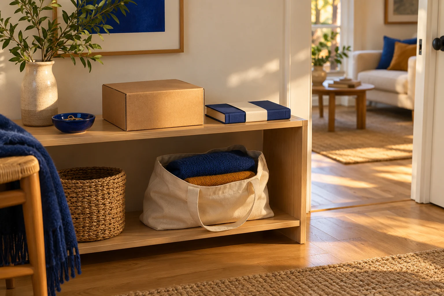Small oak shelf holding a return parcel, a borrowed book and a donation tote beside a clear doorway