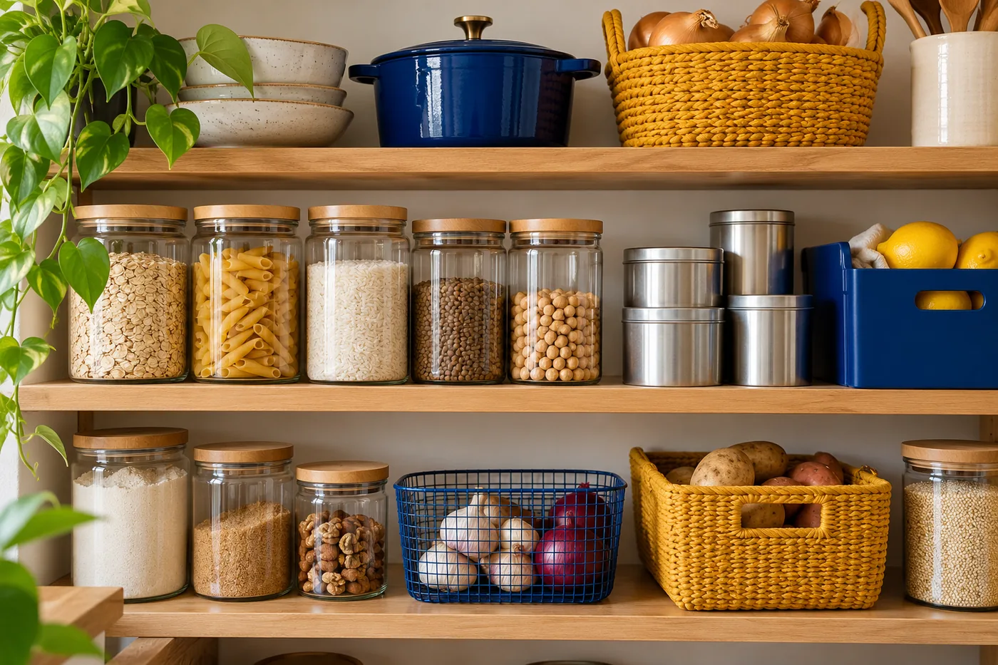 Modest organized apartment dry pantry shelves with clear jars of oats pasta rice, plain tins without labels, cobalt storage bin and ochre basket, natural wood shelves. Straight-on close detail in warm daylight.