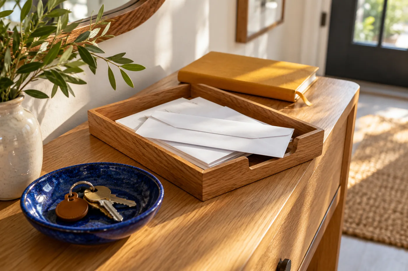 Small home incoming mail tray on oak console, a few blank white envelopes, keys in cobalt dish and ochre notebook, gentle entrance sunlight. Close angled still life, practical and calm.
