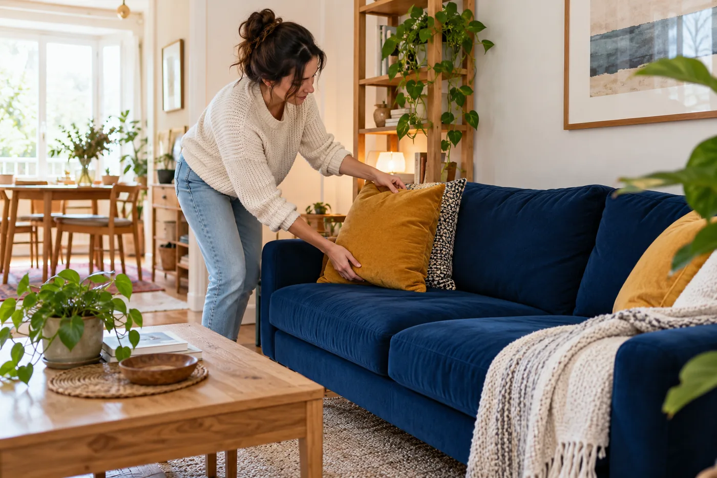 Candid adult renter in casual clothing arranging an ochre cushion on a cobalt sofa in modest apartment with existing oak furniture, warm white walls. Person viewed from side with natural posture, wide daylight shot.