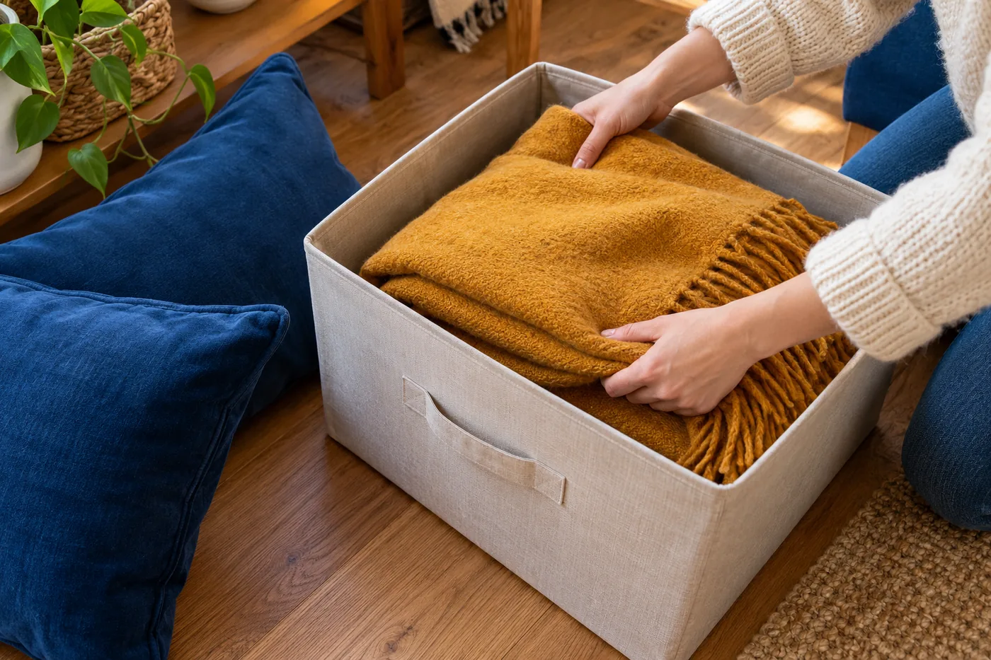 Seasonal textile storage at home, hands folding ochre wool throw into a plain fabric storage box with cobalt cushions beside it on oak floor. Close overhead diagonal angle, tactile fabrics and autumn daylight.