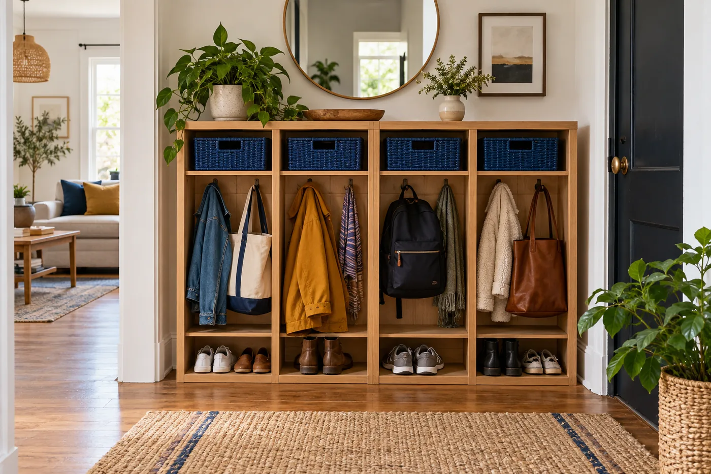 Shared small hallway with four oak cubbies, shoes and bags in separate compartments, cobalt baskets and ochre coat, tidy lived-in apartment. Straight-on interior photography.