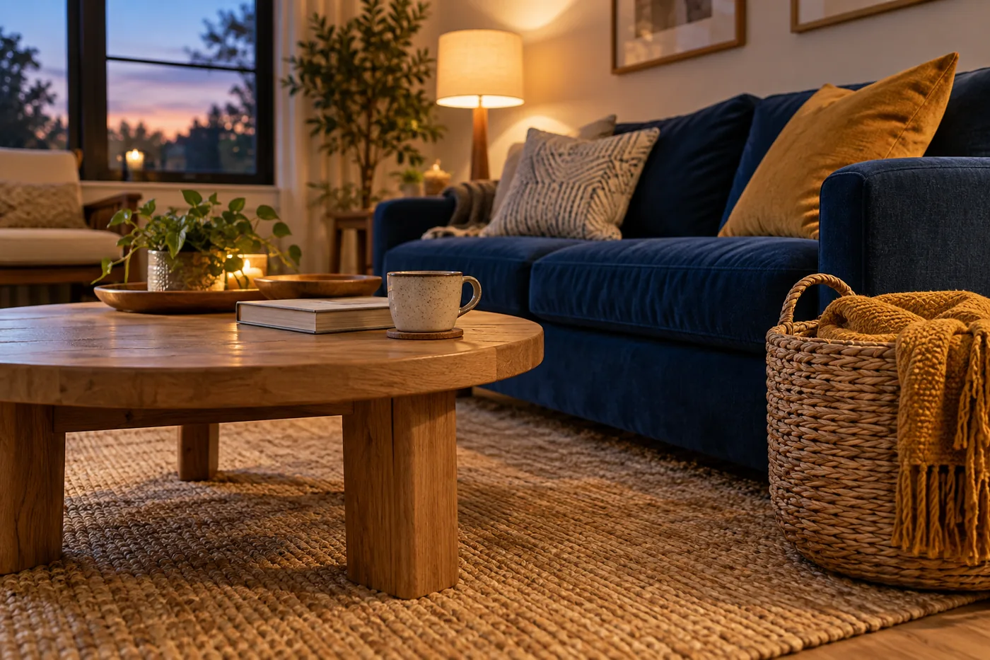 Cozy small living room at early evening, woven basket beside cobalt sofa holding a folded ochre blanket, book placed on oak coffee table, warm lamp glow and dusky window. Low wide interior photograph.