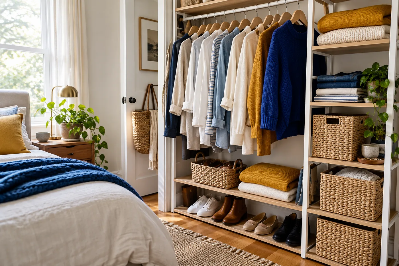 Compact open wardrobe with everyday neutral shirts on wooden hangers, cobalt sweater and ochre folded knitwear, accessible small baskets and shoes below. Side-angle editorial photograph, lived-in white bedroom.